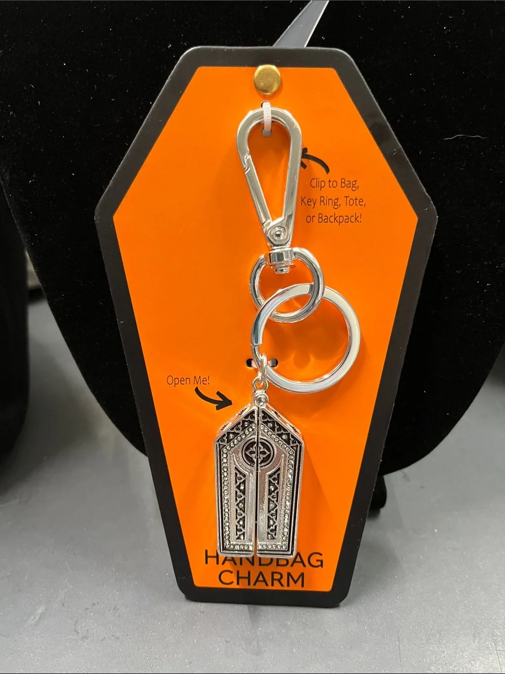 New Silver Decorative Handbag Charm Keychain - Silver Tone Split Coffin